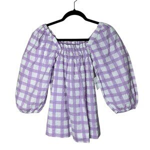 Lilac & White Gingham Puff Sleeve Square Neck Smocked Top Womens M Cotton Blend